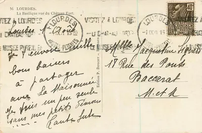Lourdes — Bazylika widziana z Zamku Fort — Wydawnictwo P. Doucet, nr 56 — Rewers