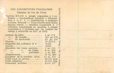 Locomotiva 231.523 — Ferrovie dello Stato — Edizioni d'Arte, Parigi — Verso