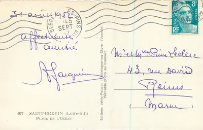 Praia do Oceano — Mortagne-sur-Sèvre (Vendée) — Edições Jehly-Poupin, n°407 — Verso