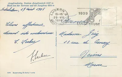 Widok Jungfrau z tarasu Jungfraubahn — Stacja Jungfraujoch 3457 m — Kunstverlag E. Goetz, Luzern — Rewers