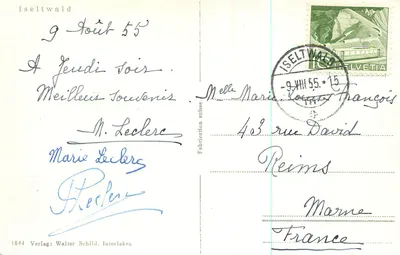 Iseltwald — widok jeziora i zasnieżonych gór — Verlag Walter Schild, Interlaken, nr 1544 — Rewers