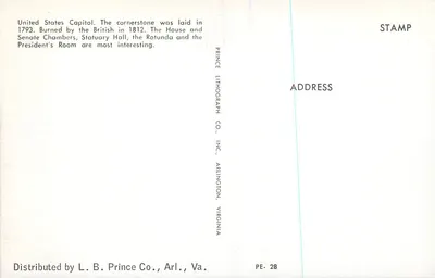 Kapitol Stanów Zjednoczonych — jesień — Prince Lithograph Co., Inc., Arlington, Virginia, PE-28 — Rewers