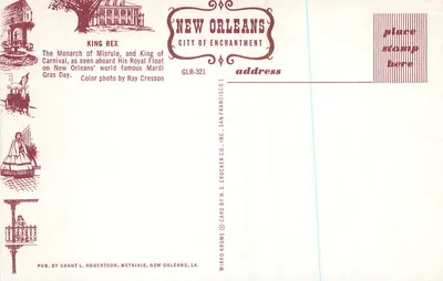 King Rex — Monarca do Mardi Gras — publ. Grant L. Robertson, New Orleans, LA — Verso
