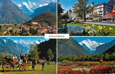 Interlaken — vista panorâmica e florida — Impresso por H. Steinhauser, Interlaken