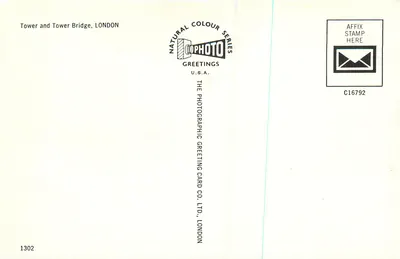 Torre e Ponte da Torre, Londres — Série Natural Colour — The Photographic Greeting Card Co. Ltd., Londres — Verso