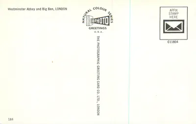 Westminster Abbey e Big Ben, LONDON — serie Natural Colour — The Photographic Greeting Card Co. Ltd., London, n° 184 — Verso