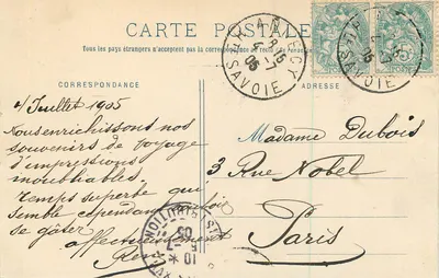 Panorama Jeziora Annecy — widok z zasnieżonymi górami, łódź i kobiety przy brzegu — wyd. PETERMAN & CIE, Annecy — Rewers