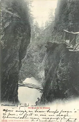 Gorges da Diosaz — vista das falésias e do ponte suspensa — Edição Photoglob Co. Zürich, n° 3838