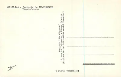 Boulogne-sur-Mer — vista panorâmica com mulher em traje local — Éditions La Cigogne — Verso