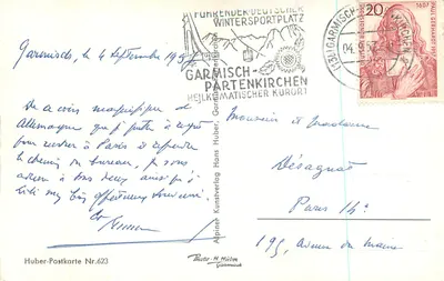 Garmisch-Partenkirchen — vista panorâmica das montanhas e do lago — Huber-Postkarte Nr.623 — Verso