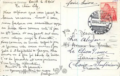 Cena ao lago de Zurique — Zurique, 18 de agosto de 1947 — editor Reprographie W. Weber & Cie A.A. n°2108 — Verso