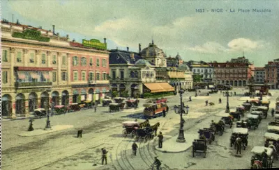 Nice - A Place Masséna — vista animada com carruagens e bondinho — editor L. Cauvin, n° 1457