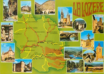 O Lozère — Carte postale turística com mapa e fotos de locais emblemáticos