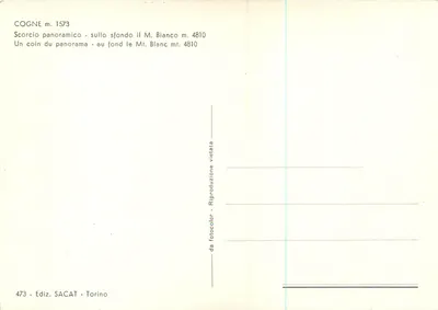 Cogne m. 1573 — panorama z Mont Blanc m. 4810 na tle — wydawnictwo SACAT, Torino — Rewers
