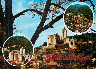 Castelo de Bonaguil — vista panorâmica e detalhes — Sociedade das Cartas Postais APA-POUX, Albi, n° S.1027