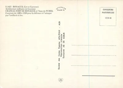 Castelo de Bonaguil — vista panorâmica e detalhes — Sociedade das Cartas Postais APA-POUX, Albi, n° S.1027 — Verso