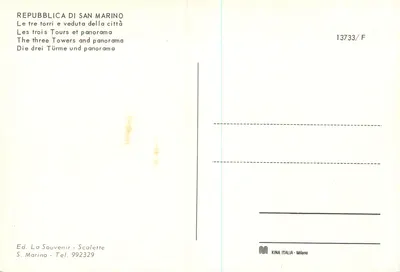 San Marino — Vista panorâmica das três torres — Editor KINA ITALIA Milano, n° 13733/F — Verso