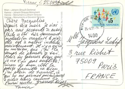 Monumento a Johann Strauss — Viena — editor Rau Color, n° R3 — Verso
