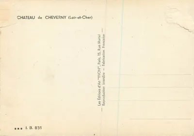 Zamek Cheverny — Loir-et-Cher — Wydawnictwo Sztuki 'YVON', Paryż — Rewers