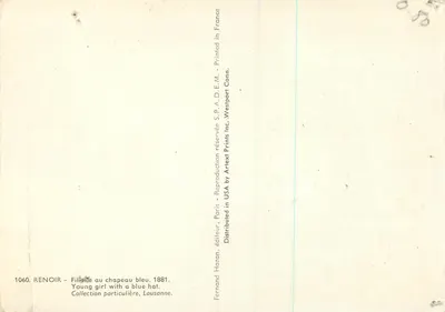 Dziewczyna w niebieskim kapeluszu — 1881 — Fernand Hazan, wydawca, n° 1060 — Rewers