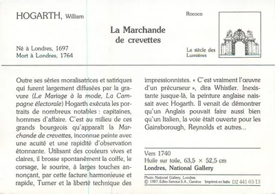 La Venditrice di gamberi — William Hogarth — Editore: Editio-Service S.A., Ginevra, n° D2 441-03-13 — Verso