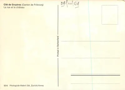 Gruyères — ulica i zamek — Photoglob-Wehrli SA, Zurich/Vevey, n°9216 — Rewers