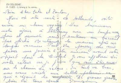 L'étang à la Vanne — Em Sologne — Éditions Valdîre — Verso