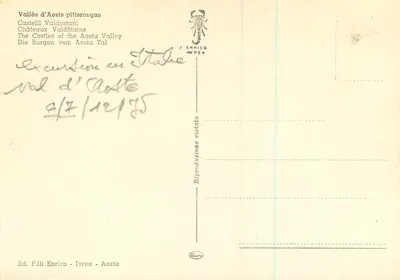 Zamek Valdotański — Aymaville, Sarre, Chatillon, Verres, Issogne, Saint Pierre, Fenis — Wyd. F.lli Enrico - Ivrea — Rewers