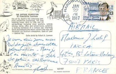 The Cottage Plantation — St. Francisville, Louisiana — Pub. by Grant L. Robertson, GLR-507 — Verso