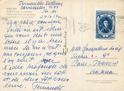 Buenos Aires — widok panoramiczny Avenidy 9 de Julio z Obeliskiem — wydawca Carlos Macchi, numer serii nie widoczny — Rewers