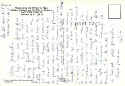 Vista da cidade de Oneonta — Hartwick College e o museu Willard E. Yager — editor IRI Studios, n° HART-24 — Verso