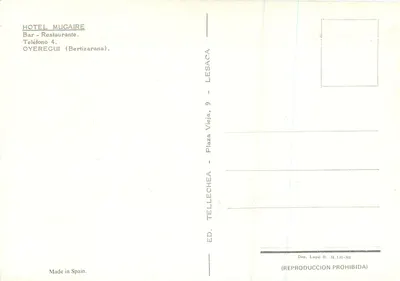 Hotel Mugaire — Bar-Restaurante — Ed. Tellechea, Oyeregui (Bertizarana) — Verso