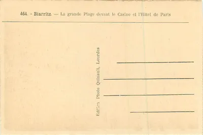 Biarritz — La grande Plage davanti al Casinò e all'Hotel de Paris — Editore Quinault, Lourdes — Verso