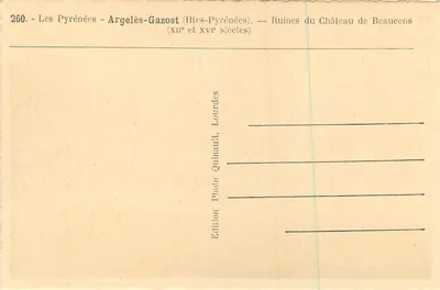 Ruiny Zamku Beaucens — Argelès-Gazost (Wysokie Pireneje) — Wydawnictwo Quinault, Lourdes — Rewers