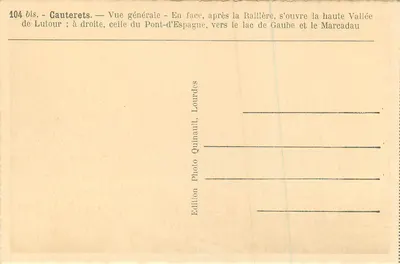 Cauterets — Widok ogólny — Naprzeciwko, poza Raillère, otwiera się wysoka dolina Lutour ; po prawej stronie, dolina Pont-d'Espagne, ku jezioru Gaube i Marcadau — Rewers