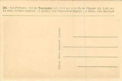 Piriny — Przełęcz Tourmalet i szczyt Espade — Wydawnictwo Quinault, Lourdes — Rewers