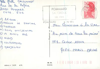 Młoda kobieta w stroju karnewalowym grająca na mandolinie — dziewczyna w niebieskiej sukni trzymająca maskę — wydawca M.D. Paryż, seria n° 5429 — Rewers