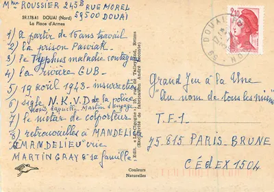 Douai — Praça das Armas com a torre da torre do relógio — Édit. « Le Cigogne » — Verso