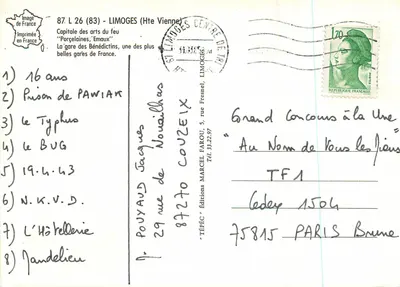 Limoges - Estação dos Beneditinos — editor TÉPÉC, n° 87.26 — Verso