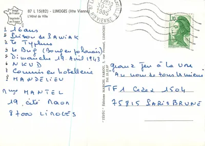 Urząd Miasta Limoges — wydawca TÉPÉC, n° 87 L 15(82) — Rewers