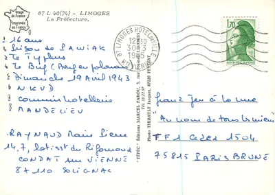 Prefektura Limoges — Wydawnictwo TÉBÉC, nr 87 L 40(74) — Rewers
