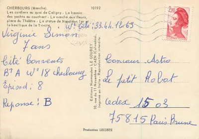 Cherbourg — vista do porto, pôr do sol, feira de flores, estátua de Napoleão I e basílica — Edições Normandas LE GOUBEY — Verso