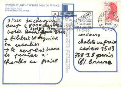 Chartres: ulica Porte-Guillaume i katedra — rysunek z natury Michel Perreard, seria 06 EZE, Wydawnictwo Valoire — Rewers
