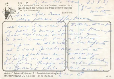 Zachód słońca nad jeziorem — kontury statków — ARTAUD Bracia, nr 846 - PP — Rewers