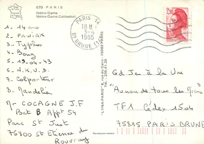 Notre-Dame w Paryżu — widok z lotu — wydrukowany we Francji — Rewers