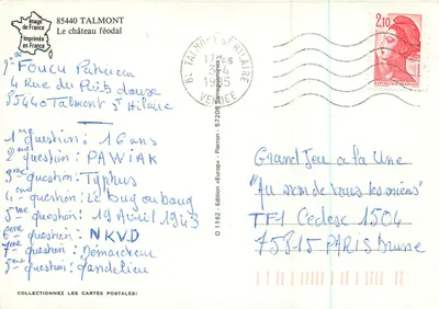 Zamek feudalny — Talmont — Wydane w Francji, seria «Europe» nr 1162 — Rewers