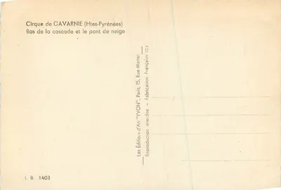 Cirque de GAVARNIE (Hautes-Pyrénées) — Dolina spadku i most z lodu — Wydawnictwo Sztuki 'YVON', Paryż — Rewers