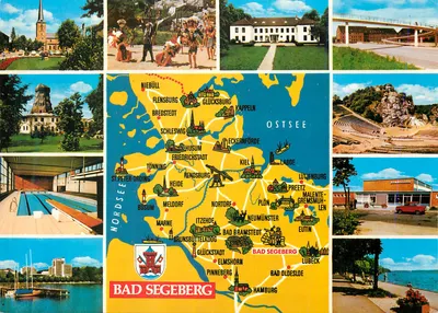 Bad Segeberg — Carta postal panorâmica com mapa da região — editor Herst. u. Verlag Schöning & Co + Gebrüder Schmidt