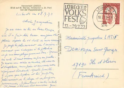 Lübeck — widok Mostu Marii z Kościołem św. Piotra i Holstentor — Hersteller und Verlag Schöning & Co., Lübeck — Rewers