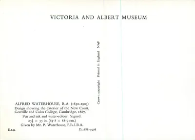 Victoria and Albert Museum — Alfred Waterhouse, R.A. — Design do exterior do New Court, Gonville and Caius College, Cambridge, 1867 — Verso